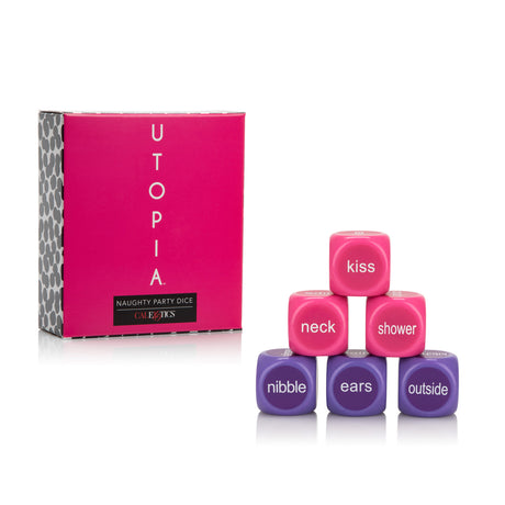 Utopia Naughty Party Dice, featuring colorful dice and a fun box, designed for couples' intimate game nights.