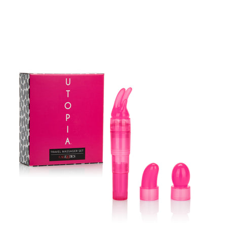 Utopia Travel Massager Set Pink with three interchangeable attachments in a compact travel-friendly box.