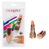 Hide & Play Rechargeable Lipstick Vibrator Coral packaging and product featuring compact design and USB rechargeable feature.