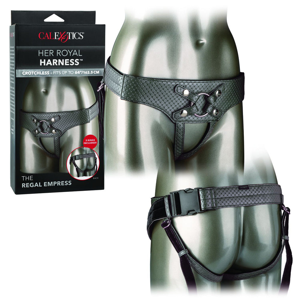 Her Royal Harness The Regal Empress Pewter detailed view on mannequin showcasing designer style and comfort.