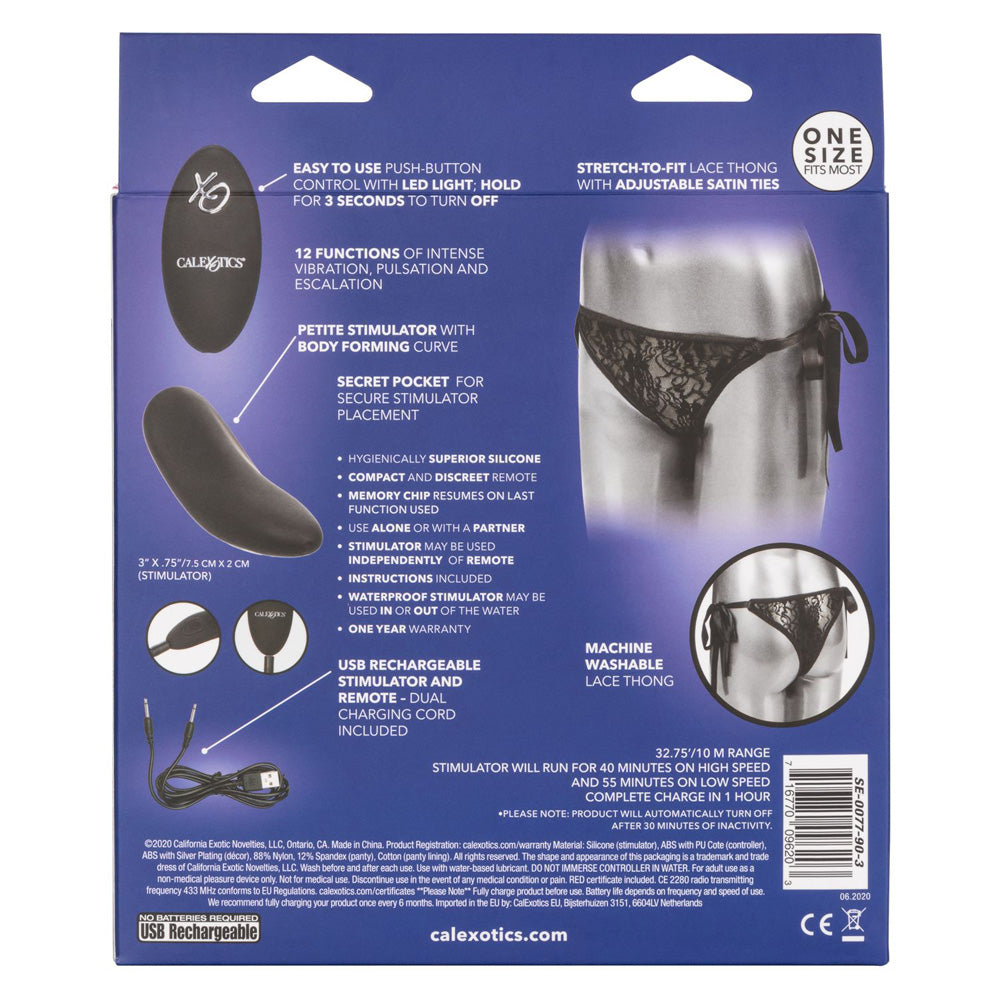 Remote Control Lace Thong Vibrating Panty Set packaging with features and instructions on the back.