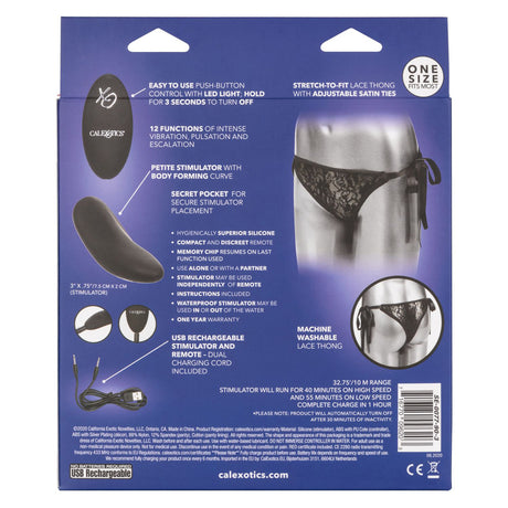 Remote Control Lace Thong Vibrating Panty Set packaging with features and instructions on the back.