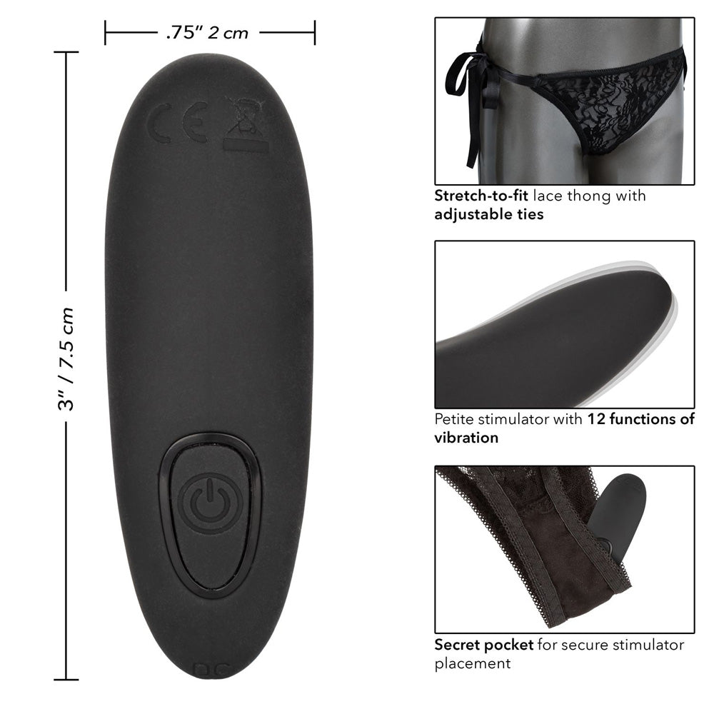 Remote Control Lace Thong Vibrating Panty Set with adjustable lace thong and curved mini vibrator.