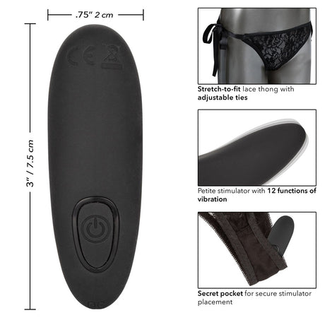Remote Control Lace Thong Vibrating Panty Set with adjustable lace thong and curved mini vibrator.