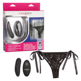 Remote Control Lace Thong Vibrating Panty Set packaging with adjustable lace thong, remote, and mini vibrator.