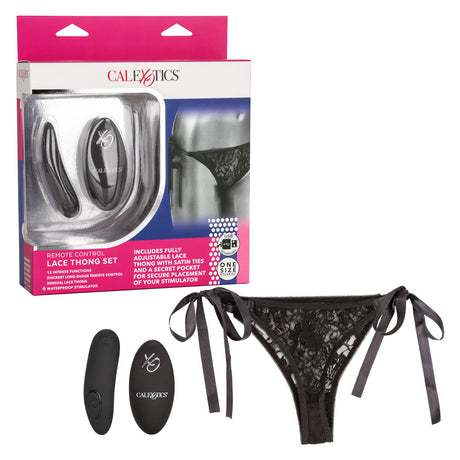 Remote Control Lace Thong Vibrating Panty Set packaging with adjustable lace thong, remote, and mini vibrator.