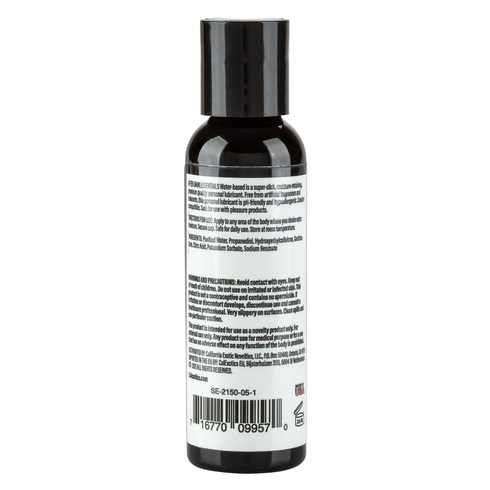 After Dark Essentials Water-based Lubricant 2 Oz bottle back label with ingredients and usage instructions.
