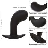 Rock Bottom Curved Silicone Prostate Probe Black showcasing its curved design and 10 vibration functions for intense pleasure.
