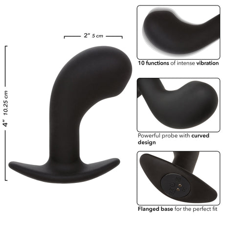 Rock Bottom Curved Silicone Prostate Probe Black showcasing its curved design and 10 vibration functions for intense pleasure.
