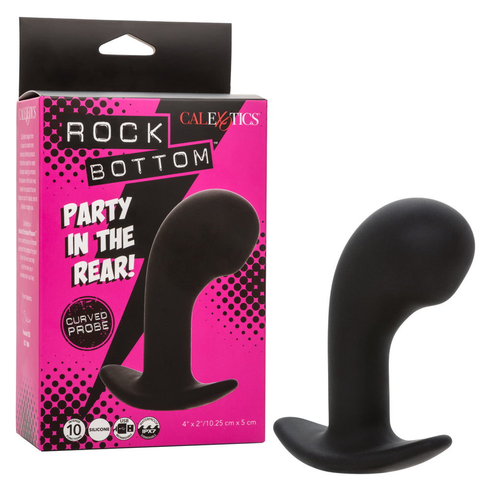 Rock Bottom Curved Silicone Prostate Probe Black with packaging, showcasing its ergonomic design and features.