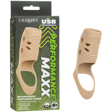 Performance Maxx Rechargeable Penis Sleeve Ivory in open-headed design enhances intimacy with texture and support.
