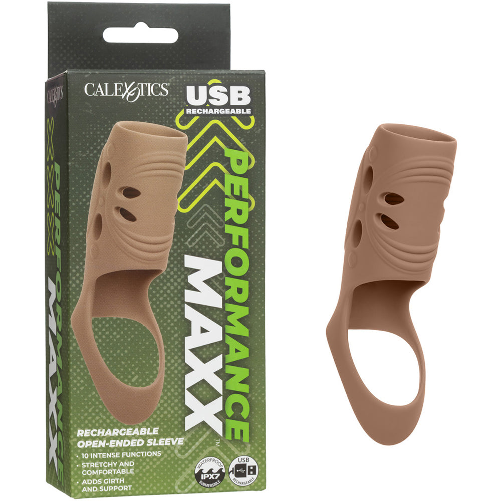 Performance Maxx Rechargeable Penis Sleeve Brown in packaging, showcasing its open-ended design and texture enhancements.