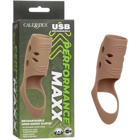 Performance Maxx Rechargeable Penis Sleeve Brown in packaging, showcasing its open-ended design and texture enhancements.