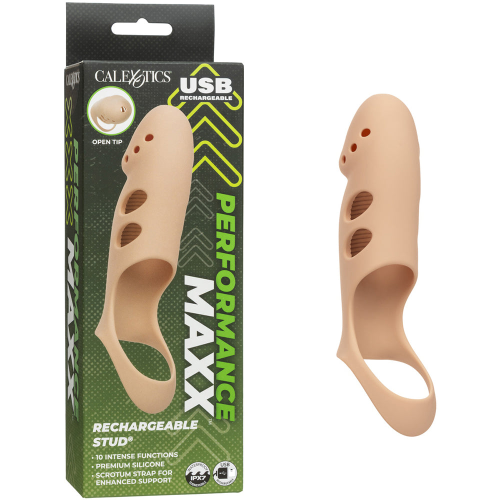 Performance Maxx Rechargeable Stud Ivory in packaging showing open tip design and premium silicone material.