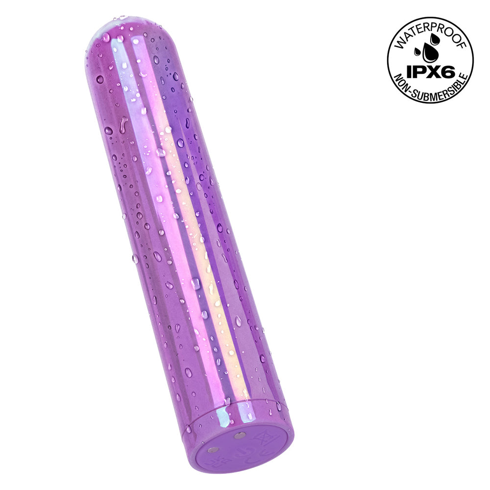 Aura Rounded Bullet Vibrator Purple with a sleek waterproof design featuring a glossy finish and droplets.