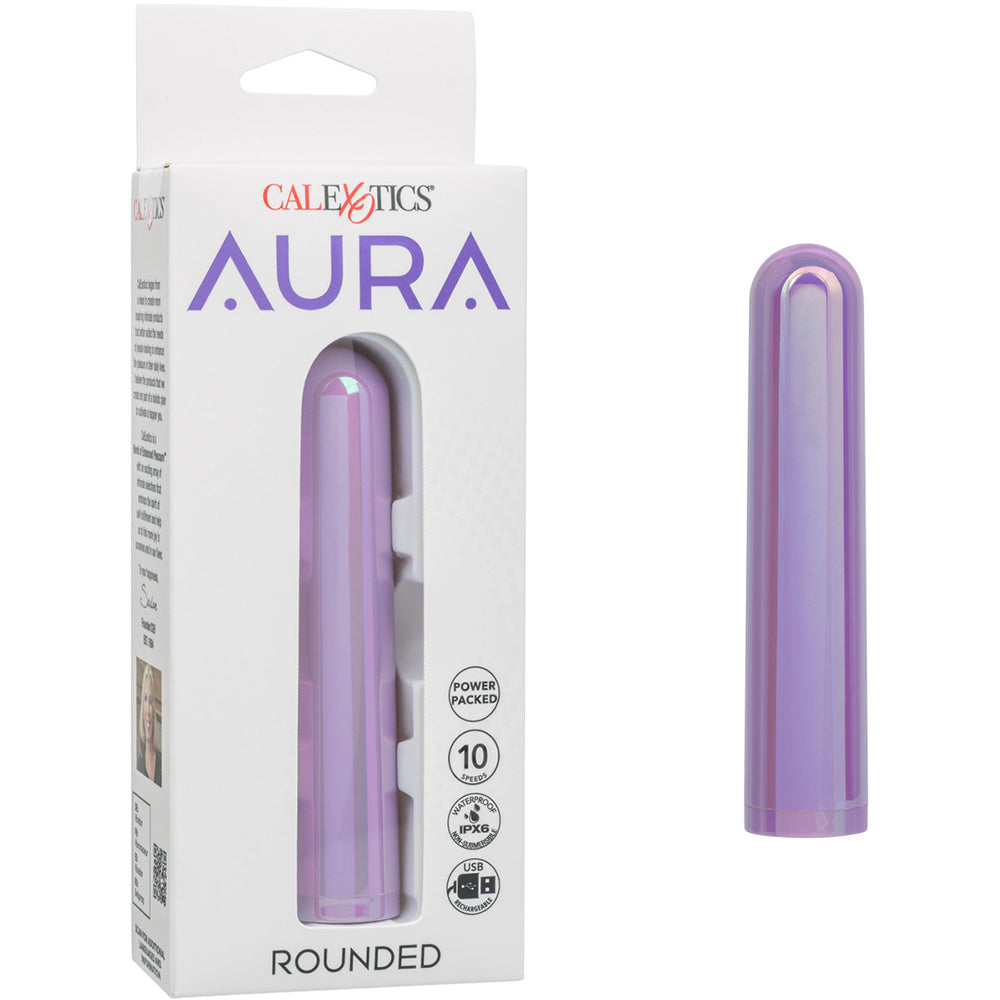 Aura Rounded Bullet Vibrator Purple packaging and product displayed, showcasing sleek design and 10 vibration speeds.