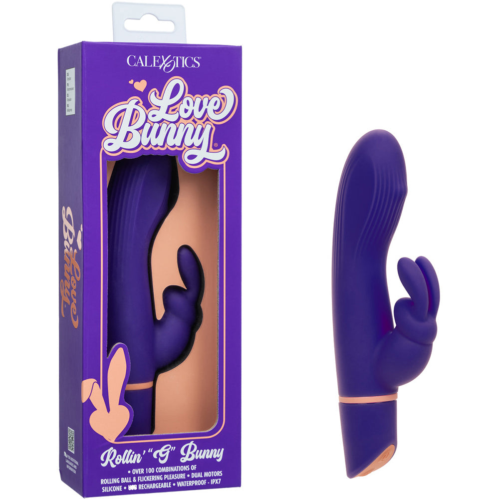 Love Bunny Beaded Rollin G Bunny Vibrator in purple packaging showcasing its dual-motor design for customizable pleasure.