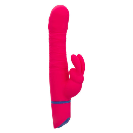 Love Bunny Beaded Spin Bunny Vibrator in vibrant pink with textured shaft and bunny ears for dual stimulation.