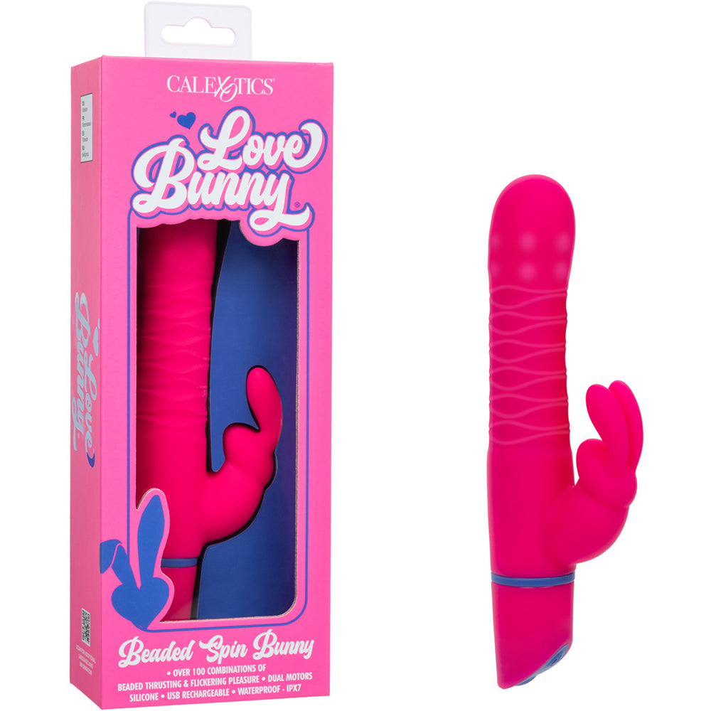 Love Bunny Beaded Spin Bunny Vibrator in vibrant pink packaging showcasing the dual-motor feature and playful design.