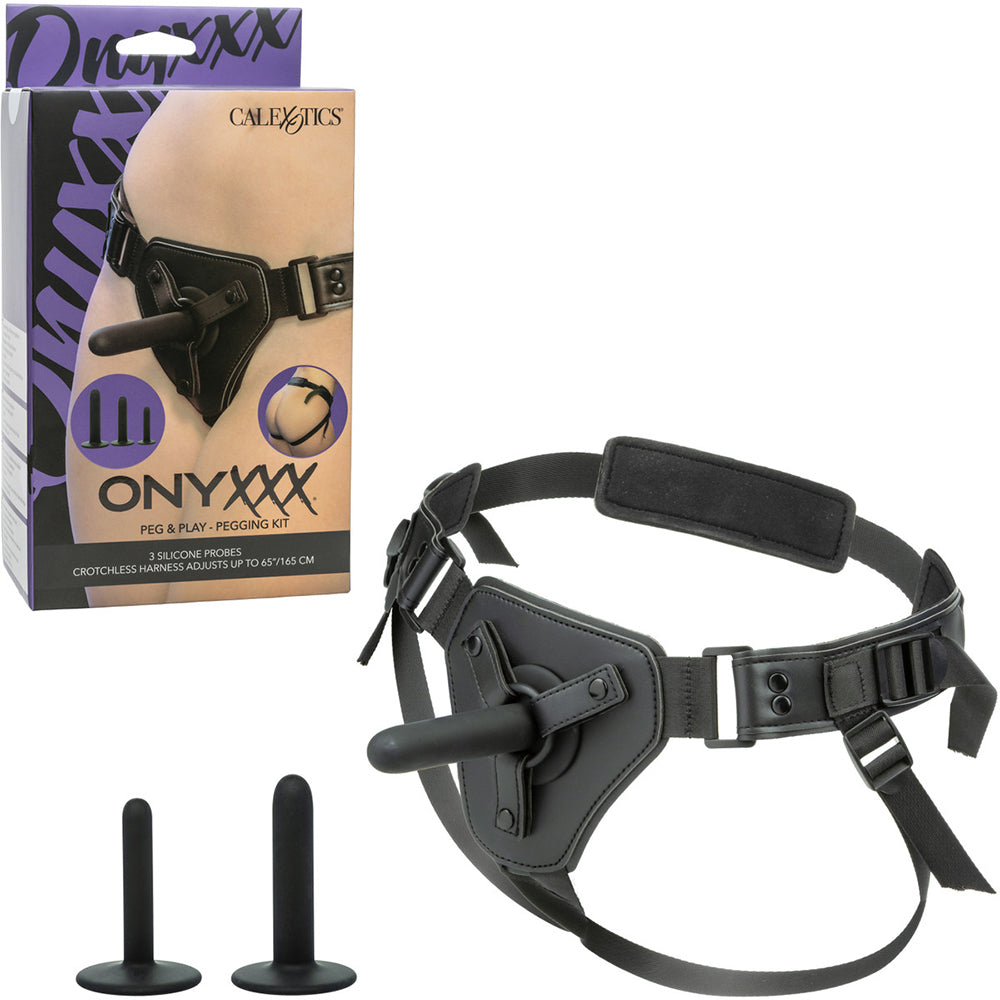 Onyxxx Peg & Play Silicone Pegging Kit Black with jock-style harness and silicone probes.