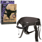 Onyxxx Rechargeable Silicone Pegging Kit Black image showcasing the strap-on set with a jock-style harness and silicone probe.