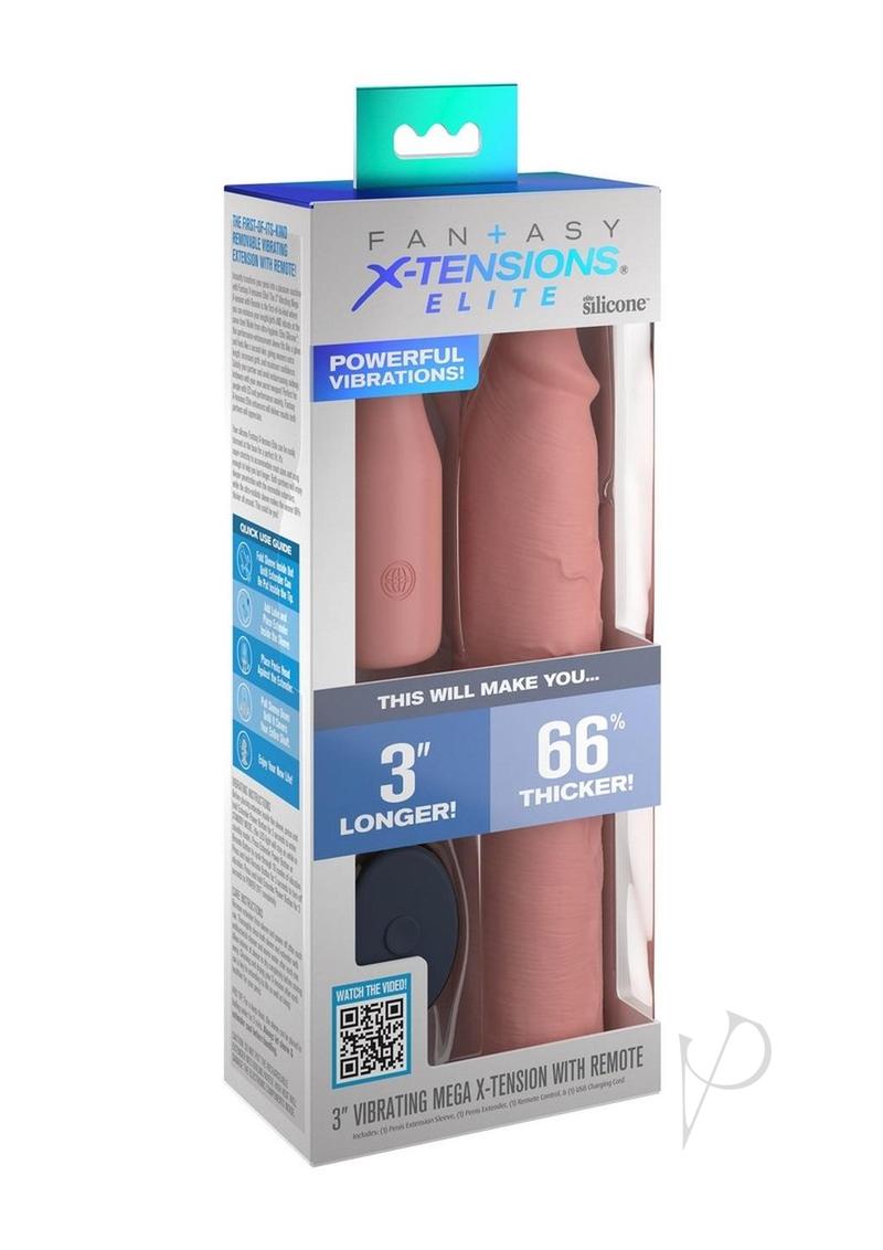 Fantasy X-Tensions Elite Silicone Vibrating Sleeve Vanilla packaging showing powerful vibrations and size enhancement features.