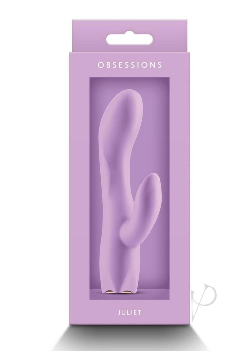 Obsessions Juliet Silicone Rabbit Vibrator Lavender in elegant packaging showcasing its lavender hue and dual stimulation design.