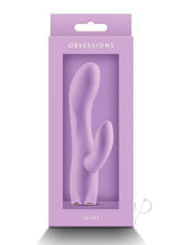 Obsessions Juliet Silicone Rabbit Vibrator Lavender in elegant packaging showcasing its lavender hue and dual stimulation design.