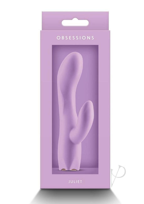 Obsessions Juliet Silicone Rabbit Vibrator Lavender in elegant packaging showcasing its lavender hue and dual stimulation design.