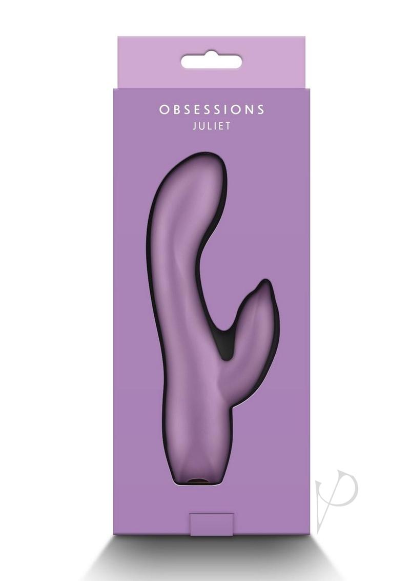 Obsessions Juliet Silicone Rabbit Vibrator Lavender in elegant packaging showcasing the dual-stimulation design.