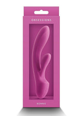 Obsessions Bonnie Rechargeable Silicone Rabbit Vibrator in a vibrant magenta packaging, showcasing its sleek design.