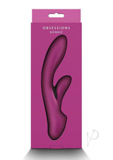 Obsessions Bonnie Rechargeable Silicone Rabbit Vibrator packaging in rich magenta color showcasing dual-stimulation design.