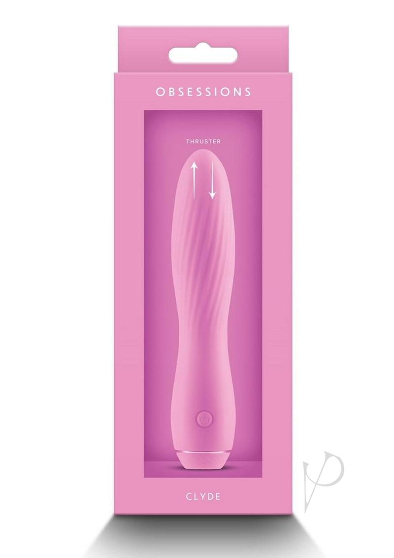 Obsessions Clyde Rechargeable Silicone Vibrator Pink in packaging with thruster feature, perfect for plush pleasure.