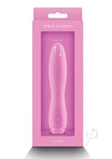 Obsessions Clyde Rechargeable Silicone Vibrator Pink in packaging with thruster feature, perfect for plush pleasure.