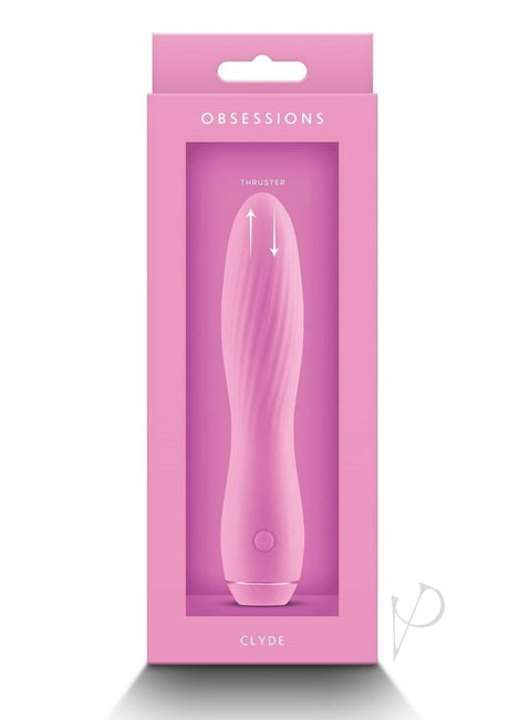 Obsessions Clyde Rechargeable Silicone Vibrator Pink in packaging with thruster feature, perfect for plush pleasure.