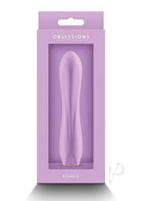 Obsessions Romeo Rechargeable Silicone Vibrator Lavender in stylish packaging with a soft silicone design.