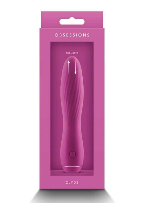 Obsessions Clyde Rechargeable Silicone Vibrator Magenta in packaging showcasing its features and design.
