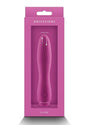 Obsessions Clyde Rechargeable Silicone Vibrator Magenta in packaging showcasing its features and design.