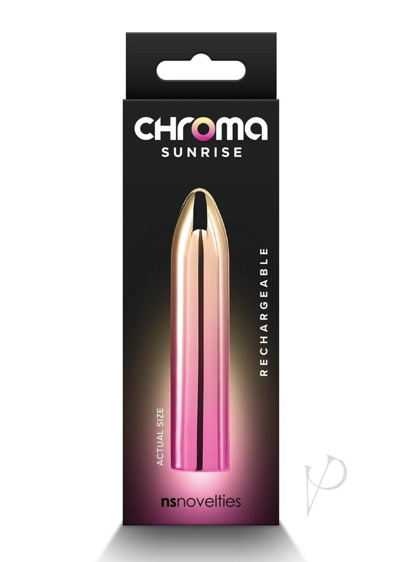 Chroma Sunrise Rechargeable Vibrator Medium Multicolor packaging with a sleek design and colorful finish.