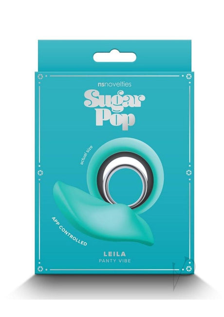 Sugar Pop Leila Rechargeable Silicone Panty Vibe Teal packaging with app-controlled feature in teal color.