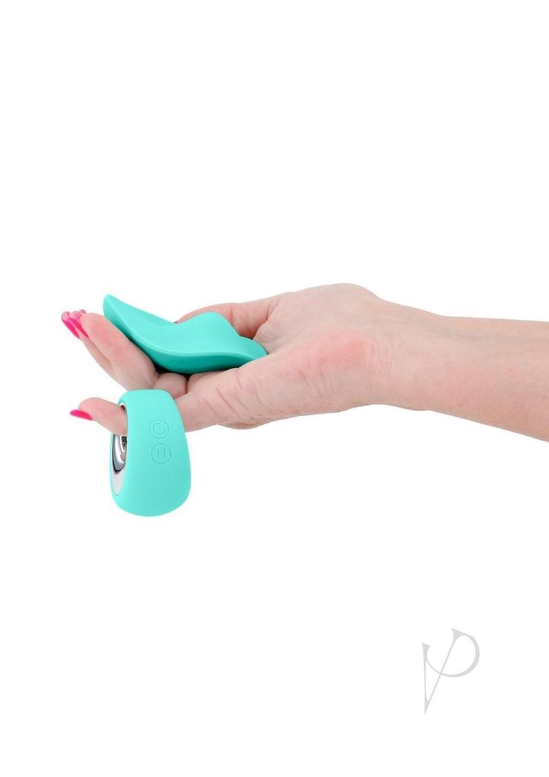 Sugar Pop Leila Rechargeable Silicone Panty Vibe Teal held in hand showcasing its sleek design.
