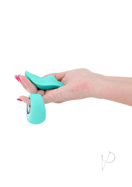 Sugar Pop Leila Rechargeable Silicone Panty Vibe Teal held in hand showcasing its sleek design.