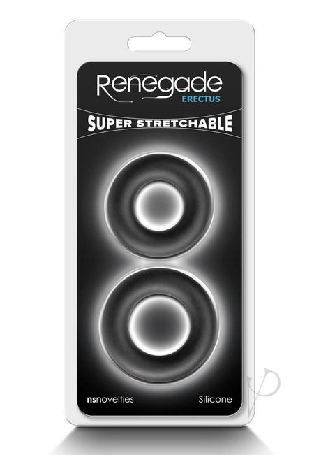 Renegade Erectus Silicone Cock Ring Black packaging featuring super stretchable design.