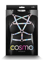 Cosmo Risque Chest Harness Large/XLarge Rainbow displayed on model with colorful straps and rose gold hardware.