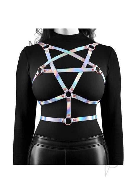 Cosmo Risque Chest Harness Large/XLarge Rainbow featuring rainbow straps and rose gold hardware for a bold look.