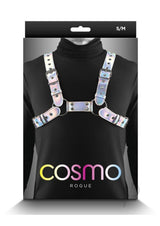 Cosmo Harness Rogue Chest Harness Small/Medium Rainbow packaging displayed on a model's chest.