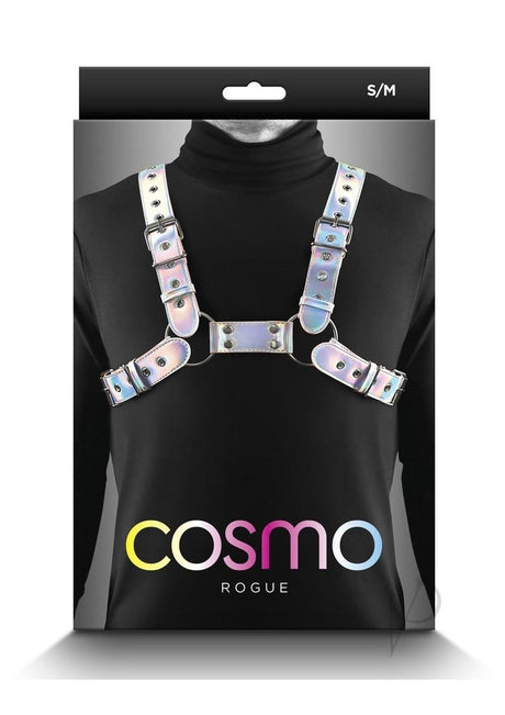 Cosmo Harness Rogue Chest Harness Small/Medium Rainbow packaging displayed on a model's chest.