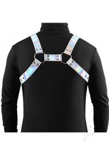 Cosmo Harness Rogue Chest Harness Small/Medium Rainbow worn from the back on a black shirt, showcasing its stylish design.