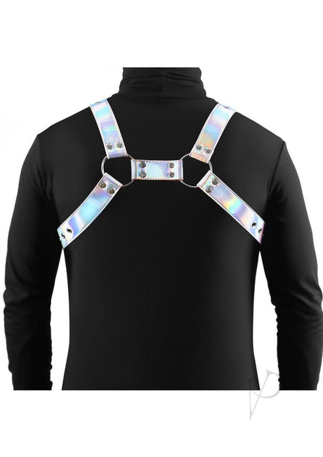 Cosmo Harness Rogue Chest Harness Small/Medium Rainbow worn from the back on a black shirt, showcasing its stylish design.