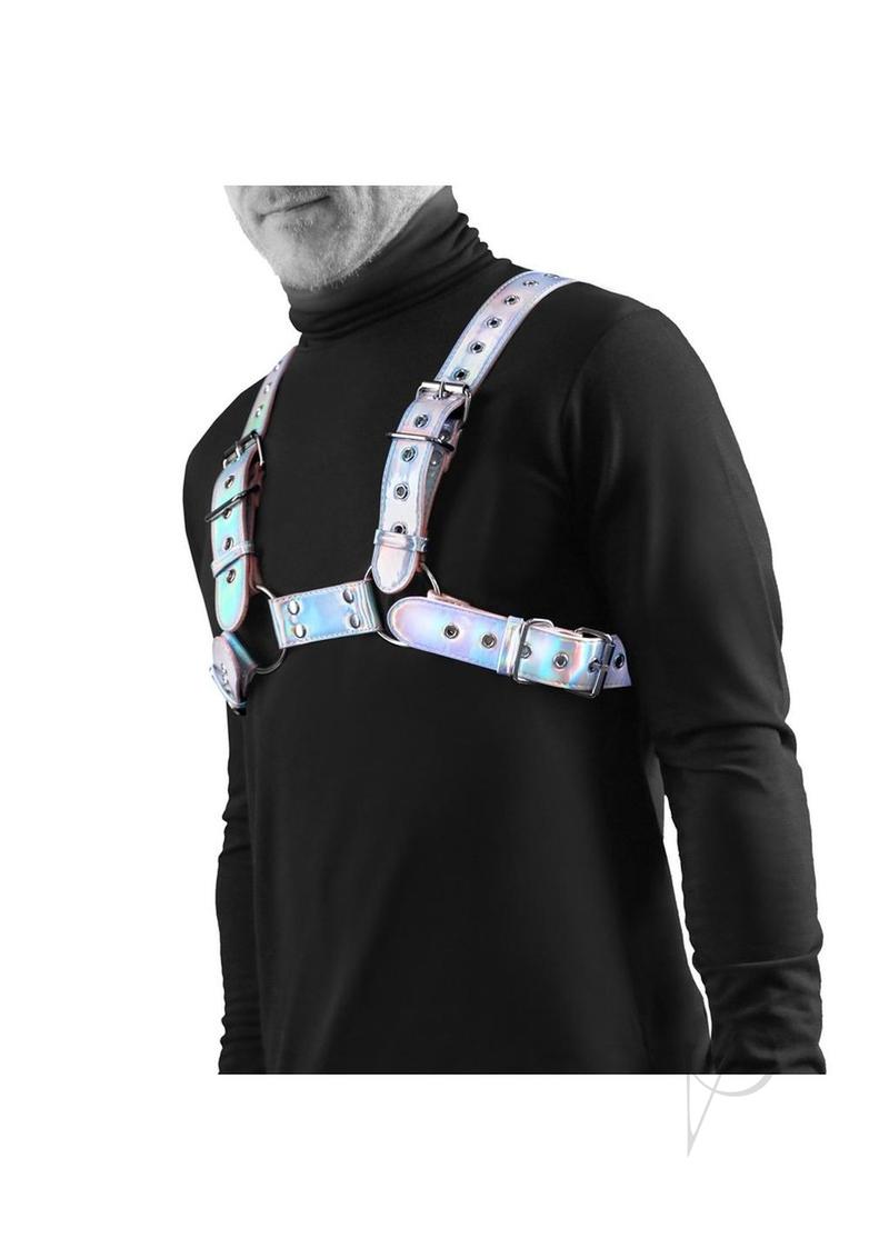 Cosmo Harness Rogue Chest Harness Small/Medium Rainbow worn over a black top, showcasing a stylish design.